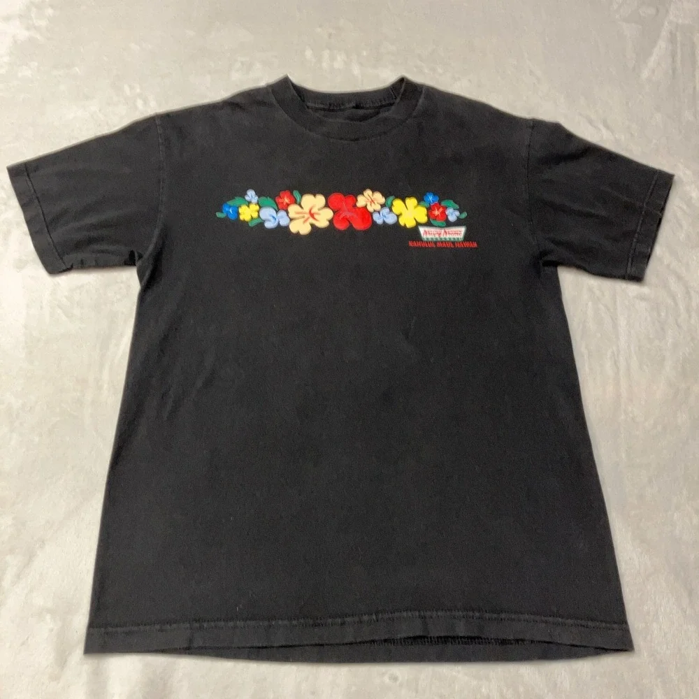 Krispy Kreme T-Shirt Maui Hawaii Floral Surfboard Graphic Black Mens Small